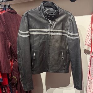 Women’s Black Leather Motorcycle Jacket with Gray Stripes